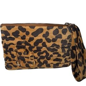 Henri Bendel Leopard Print Haircalf Leather Clutch Wristlet Pouch